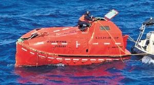 Empty lifeboat found as Indian coast guard searches for 22 missing crew in Bay of Bengal